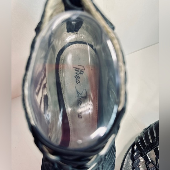 Mea Shadow Heels Gladiator Stiletto Platform BLACK Woven Leather SZ 6 - Picture 14 of 16